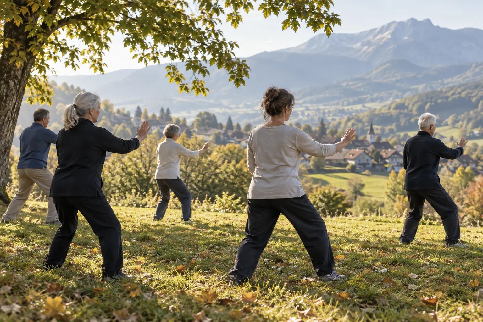 Pratiquants de Tai Chi style Yang de dos face aux montagnes