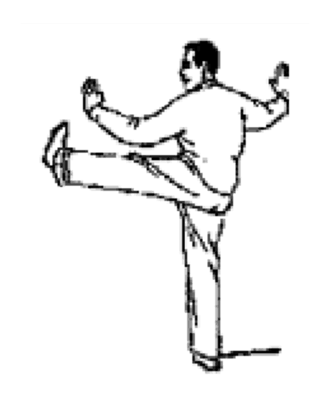 Schéma de la posture 15 de la forme de Pékin : Se retourner, coup de talon gauche
