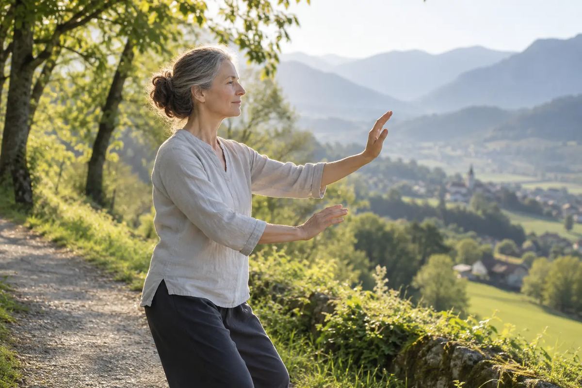 Pratiquante en mouvement, Tai Chi au sabre